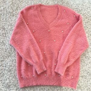 Pink Pearl-Accent Fuzzy V-Neck XL Sweater Feminine Barbiecore Super Soft Cozy
